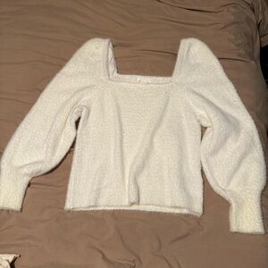 H&M Cream Fuzzy Off-Shoulder Sweater with Balloon Sleeves